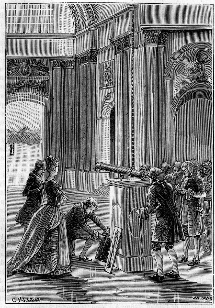 Experiencia de Pierre Bouguer (1698-1758) en el Domo de los Inválidos (París) para demostrar la expansión de los cuerpos por el calor (1745). Grabado en "La Nature: revue des sciences et de leurs aplicaciones aux arts et a l