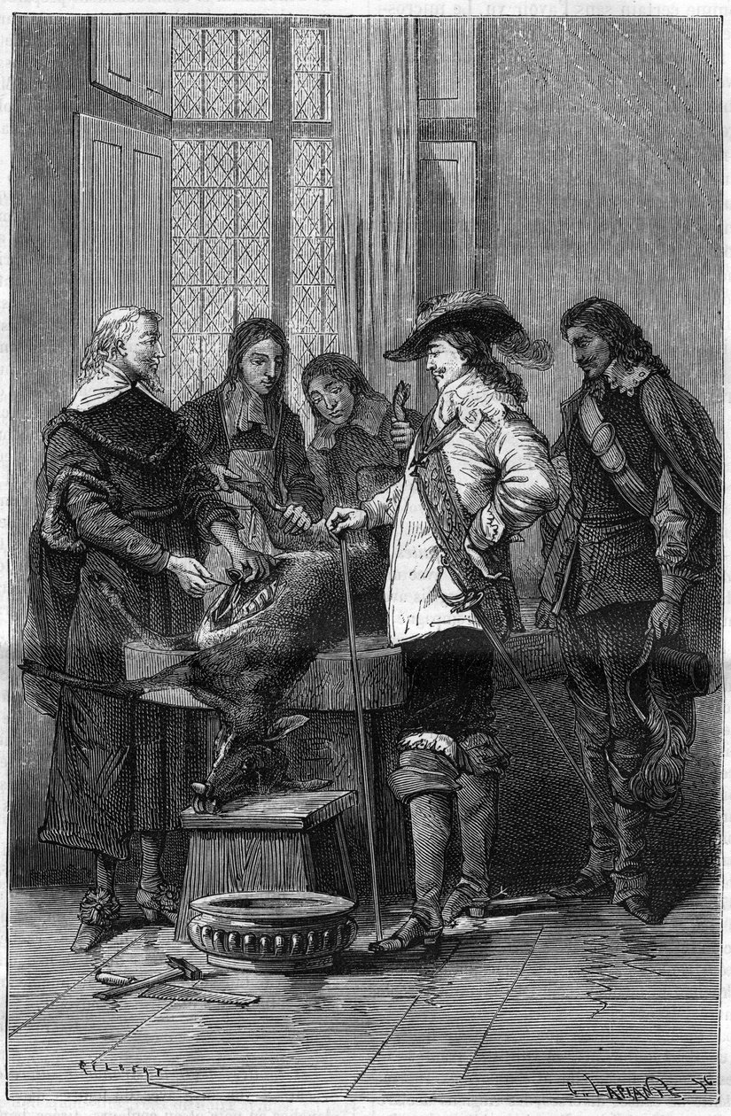 Experiencia de William Harvey (1578-1657), médico inglés mostrando a Carlos I Estuardo (1600-1649) rey de Inglaterra y a los médicos del Royal College de Londres el fenómeno de la circulación sanguínea en una cierva viva. Grabado en "La Nature" de Unknown artist
