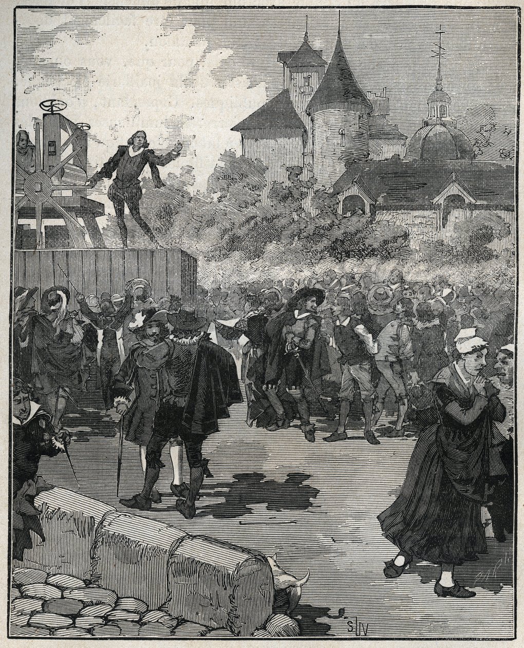 Experiencia de acuñación mecánica por Nicolas Briot (Grabador del Reino de Francia) (1579-1646) en 1616. Grabado de 1885 en "Les arts et metiers illustres" por Adolphe BITARD de Unknown artist