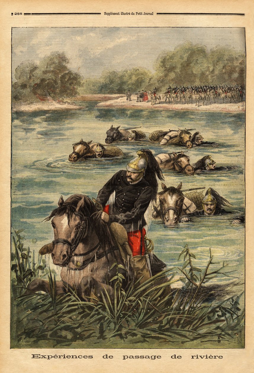 Experiencia de paso de río por el 7º regimiento de dragones en Fontainebleau. Grabado en "Le petit journal" 6/09/1896. Colección Selva de Unknown artist