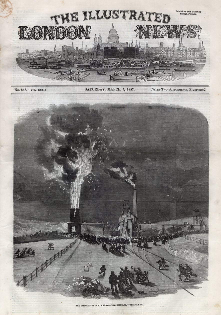 Explosión en la mina de carbón de Lund Hill (Lundhill) en Barnsley, Inglaterra. Un periódico. Grabado en “The Illustrated London News” del 7 de marzo de 1858. de Unknown artist