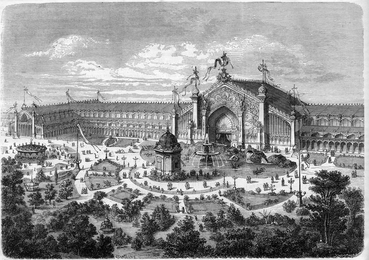 Exposición Universal de Lyon: las galerías vistas desde el parque. Grabado en “L