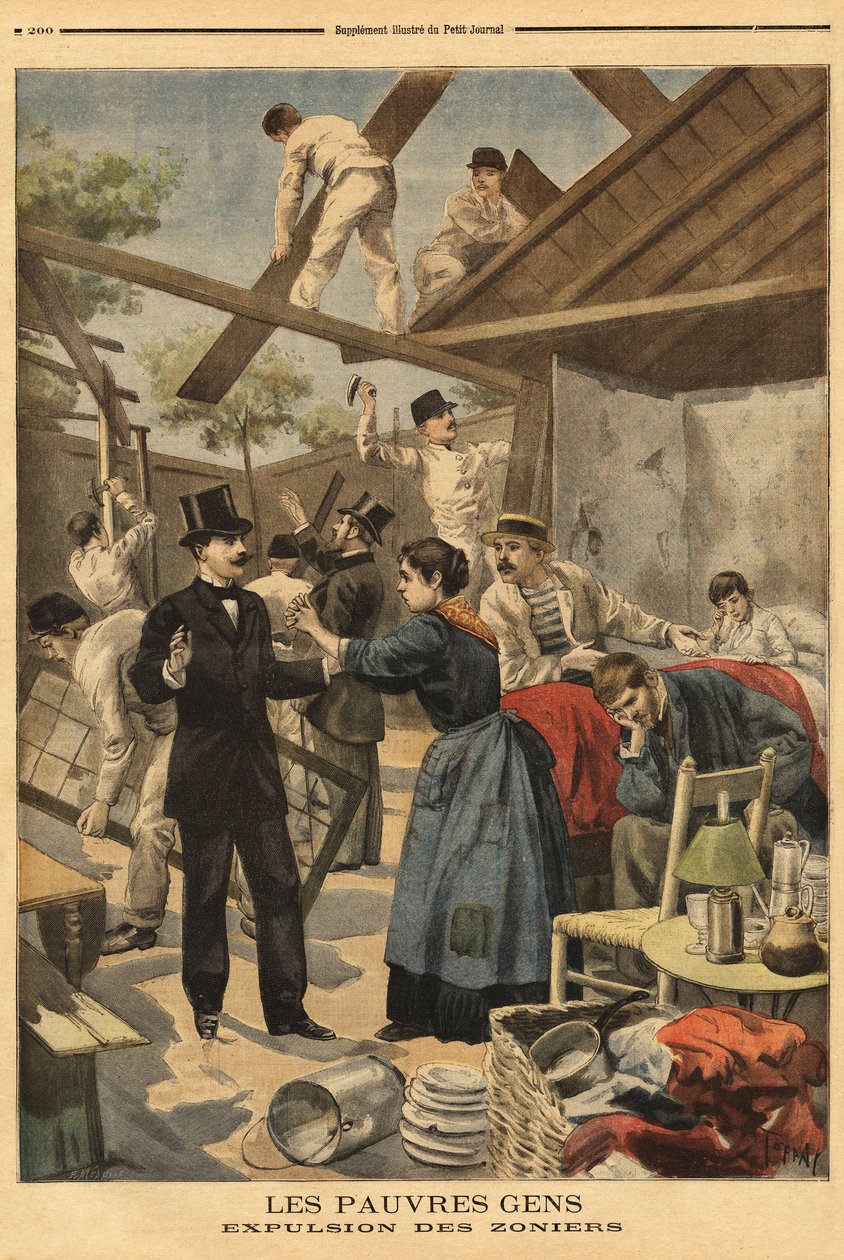 Expulsión y elemento de los barracones instalados en la zona militar en la puerta de Gentilly. Ilustración en "Le petit journal" 23/06/1895. de Unknown artist