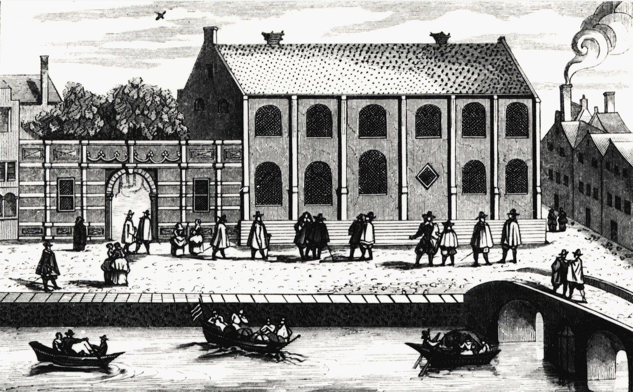 Vista exterior del edificio de la Universidad de Leiden fundada en 1575 por Guillermo de Nassau. Grabado después de 
