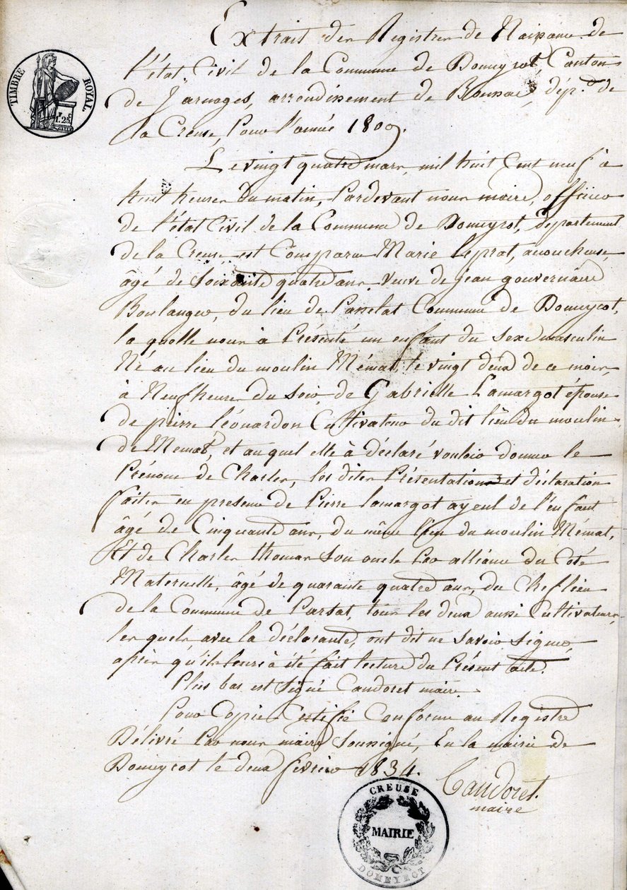 Extracto del registro de nacimiento del Estado Civil del municipio de Dommyrot, copia certificada del 2 de febrero. de Unknown artist