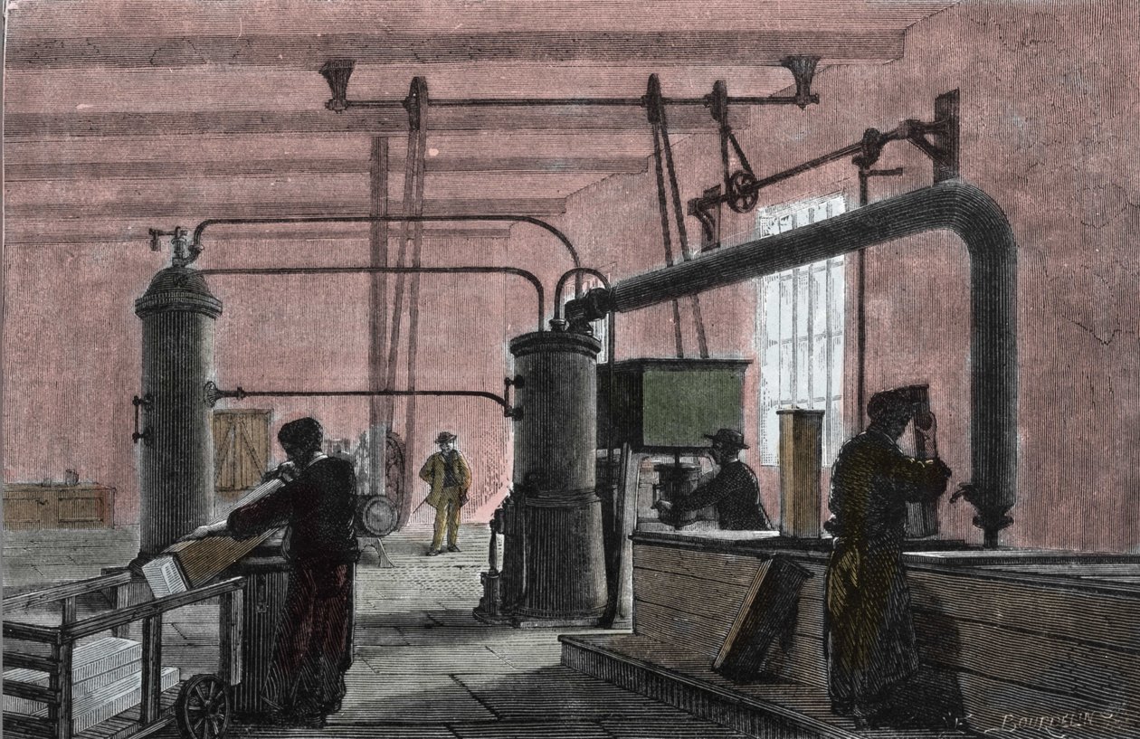 Fábrica para la fabricación de hielo con el sistema de Ferdinand Carre (1824-1894). Grabado del siglo XIX de Unknown artist