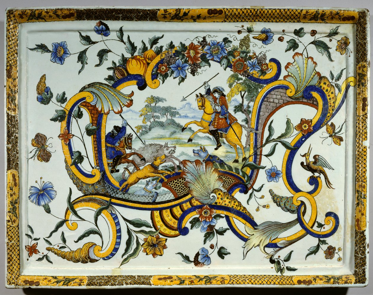 Plato de loza que representa una escena de caza de jabalíes de Unknown artist