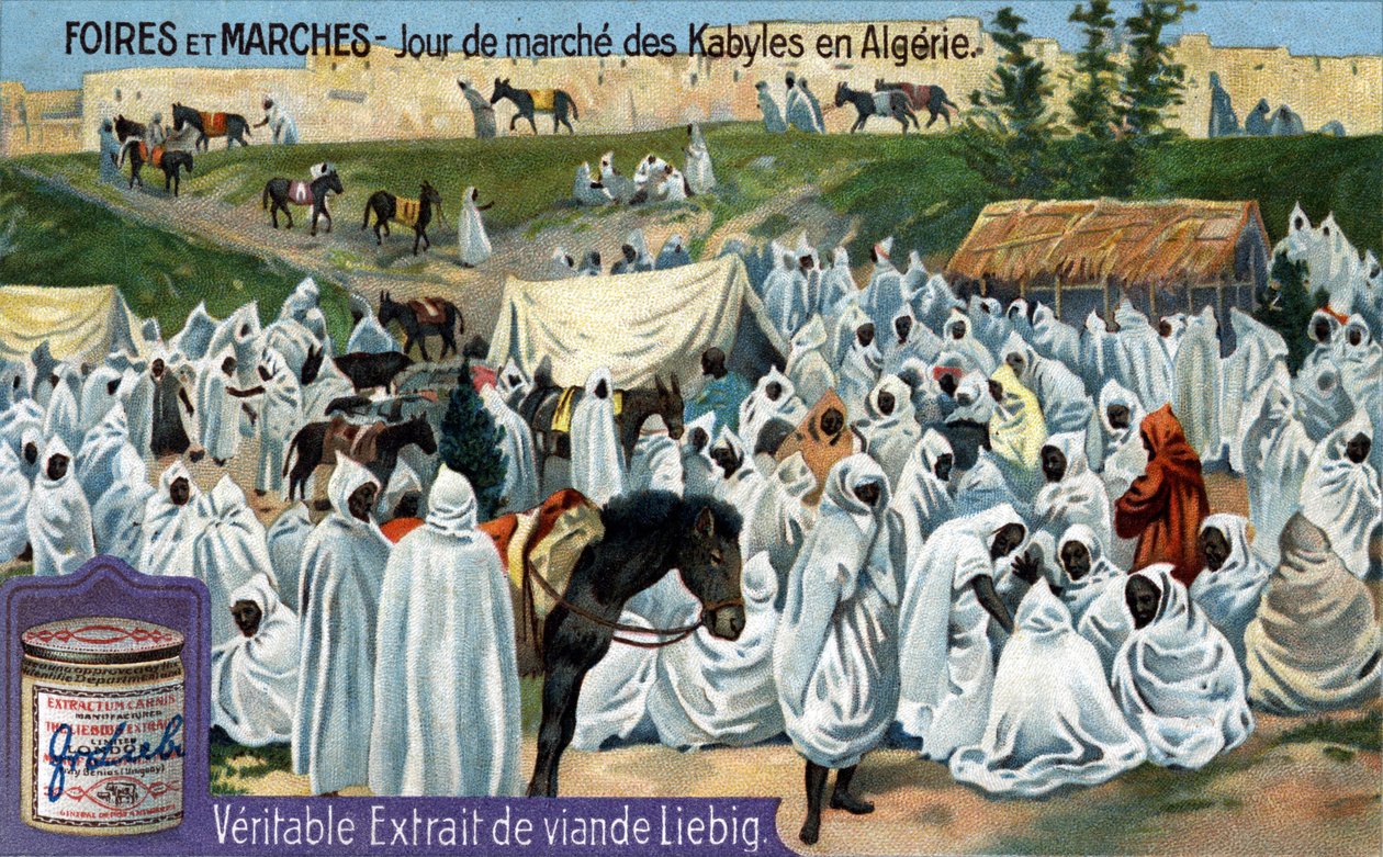 Ferias y mercados: Día de mercado en Kabyl, Argelia. Cromolitografía, imagen de Liebig de Unknown artist