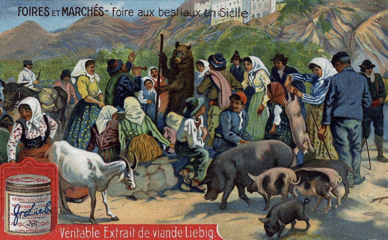 Ferias y mercados: feria de ganado en Sicilia. Cromolitografía, imagen Liebig. de Unknown artist