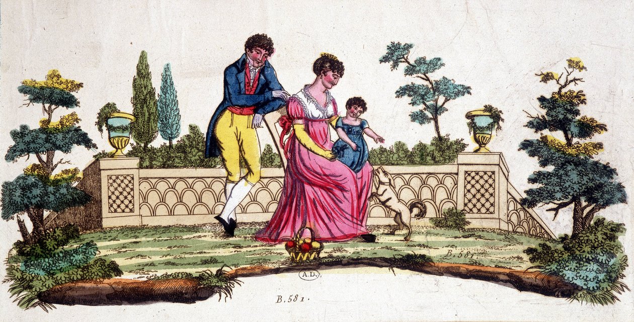 Familia en un parque. Grabado de principios del siglo XIX de Unknown artist