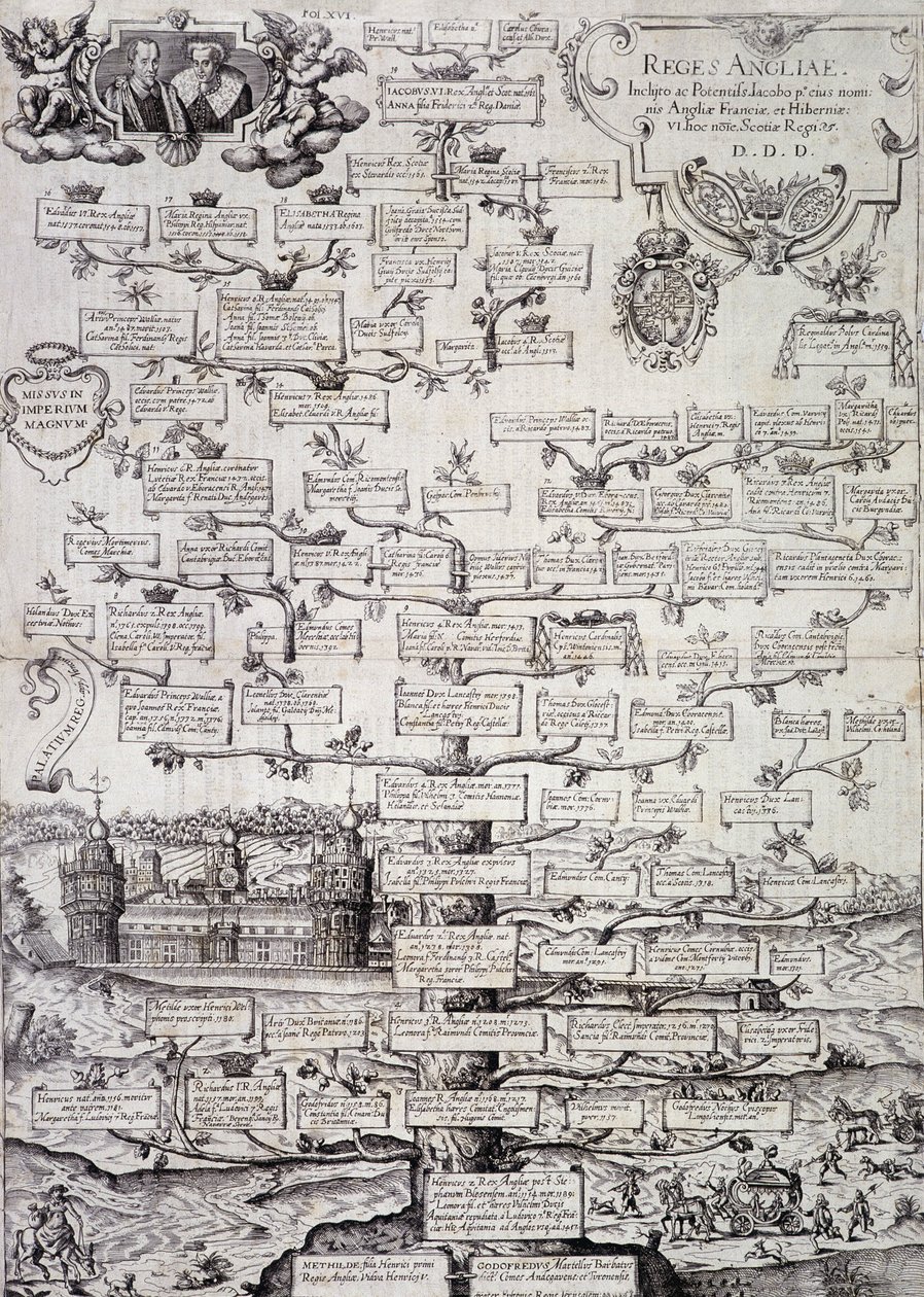 Árbol genealógico de la Familia Real de Inglaterra desde el siglo XII hasta el siglo XVII - grabado de Unknown artist