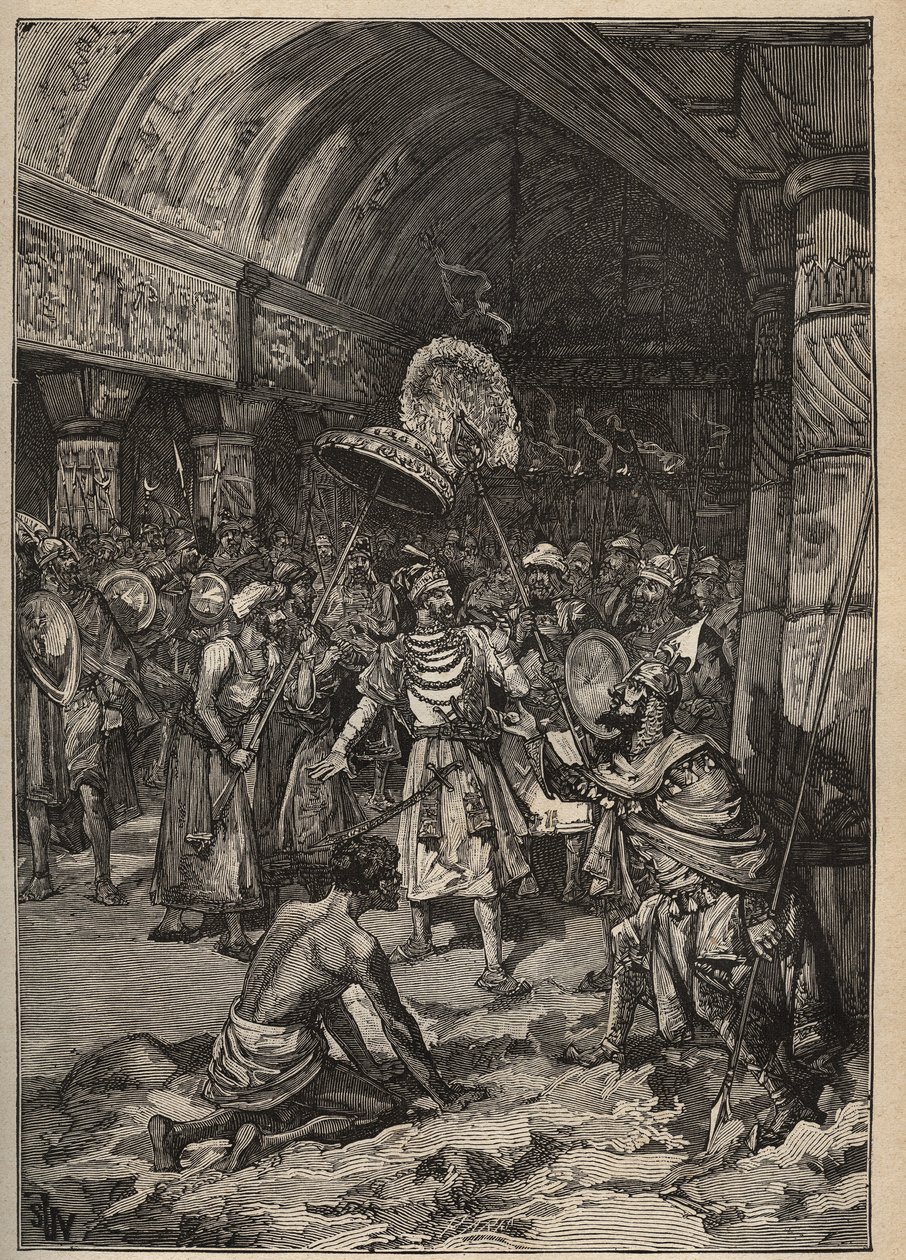 Diamantes famosos: el maharajá de Lahore, Ranjit Singh (1780-1839), toma el diamante Koh-i Nor (Koh i Nor, Kuh-e Nur, Kuh e Nur, Koh-i-noor, Koh i Noor). Grabado de 1885 en "Les arts et metiers illustres" por Adolphe BITARD de Unknown artist