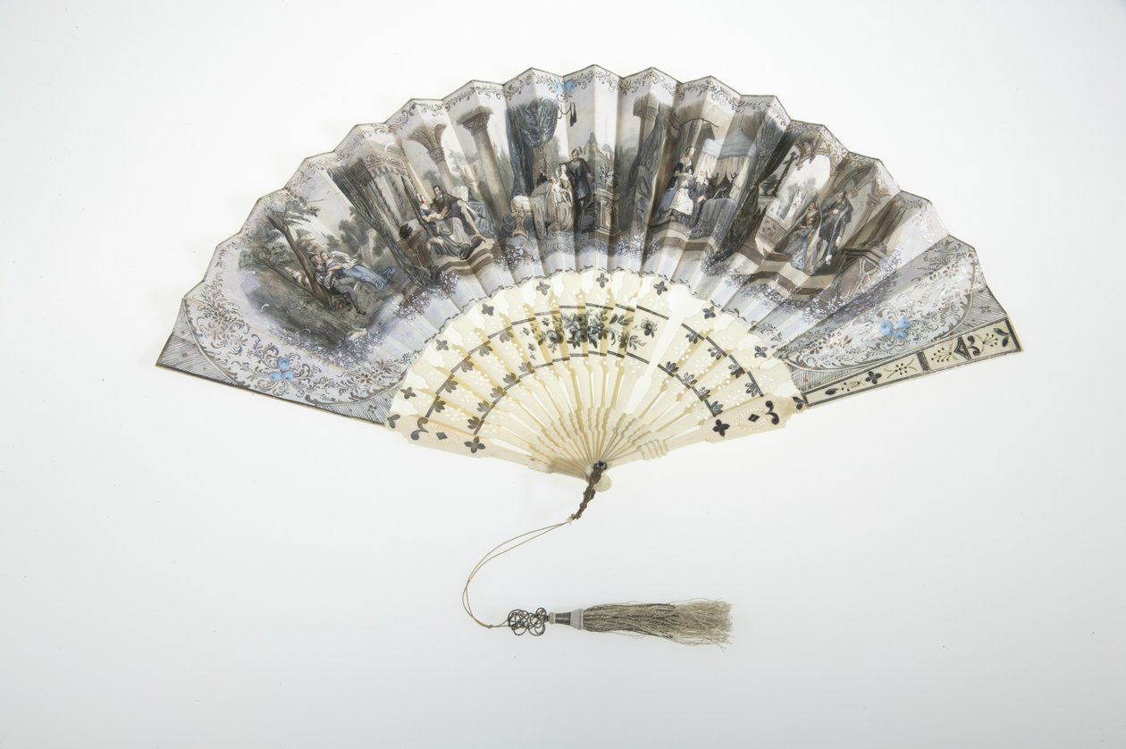 Abanico, c.1850, Papel pintado, hueso, plata y borla de hilo de seda y metálico, Fabricante desconocido de Unknown artist