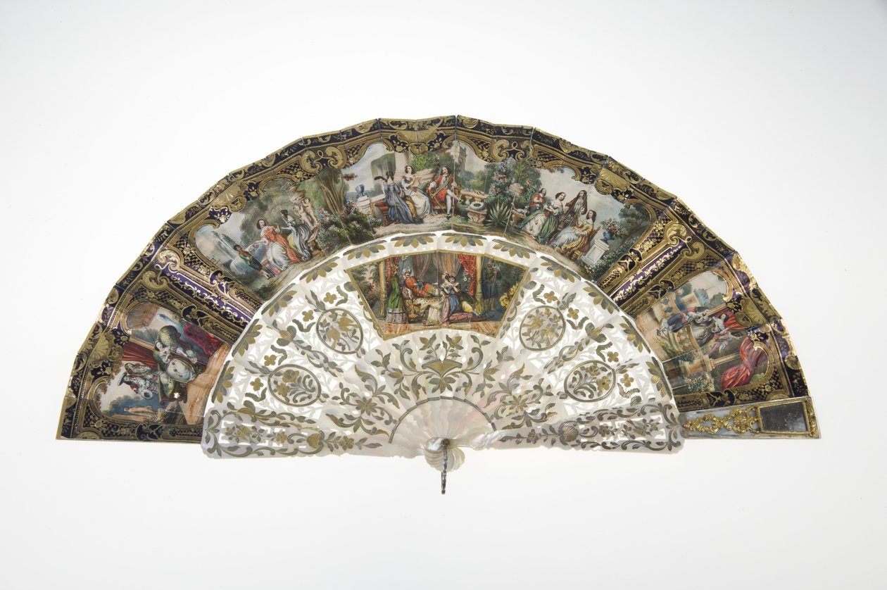 Abanico, c.1860, Papel impreso y pintado, nácar, metales de oro, plata y cobre, y espejo, Fabricante desconocido de Unknown artist