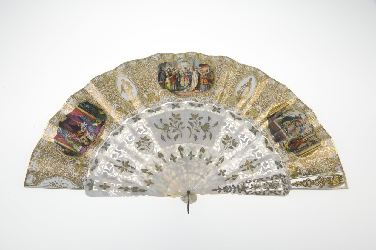 Abanico, c.1860, Papel impreso y pintado, nácar, oro, plata y metales de cobre, Espejo, Fabricante desconocido de Unknown artist