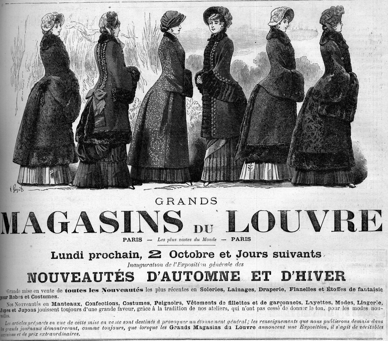Moda femenina del siglo XIX: anuncio para los grandes almacenes del Louvre. de Unknown artist