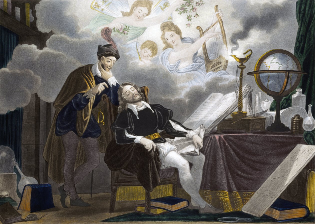 Fausto y Mefistófeles - Fausto es tentado por Mefistófeles - grabado de Unknown artist