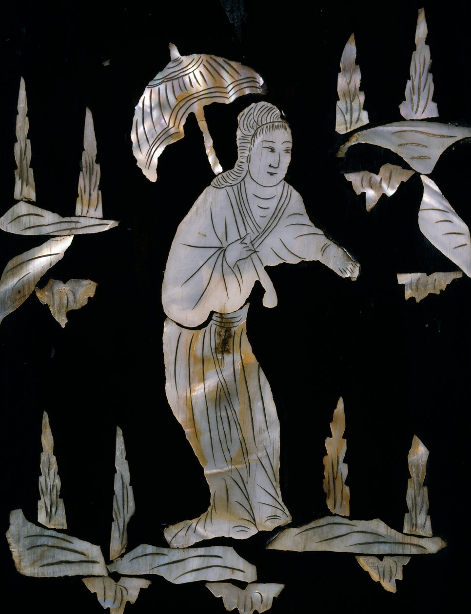 Figura femenina con paraguas, detalle de gabinete incrustado de nácar con decoración de chinoiserie de Unknown artist