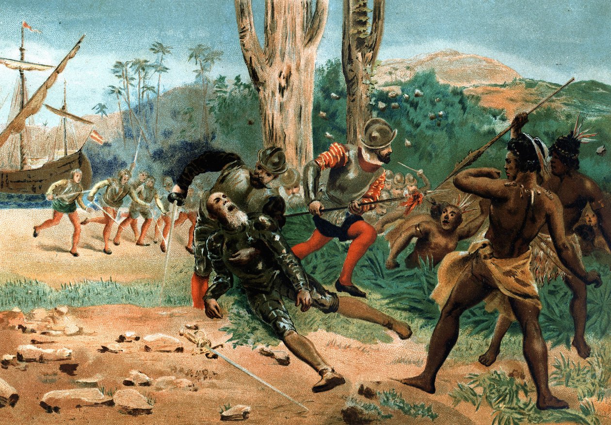 Fernand de Magallanes (circa 1480-1521), navegante portugués, muerto en la isla de Mactán (Filipinas) el 27 de abril de 1521. Después de Hombres y Mujeres célebres. Barcelona 1877. de Unknown artist