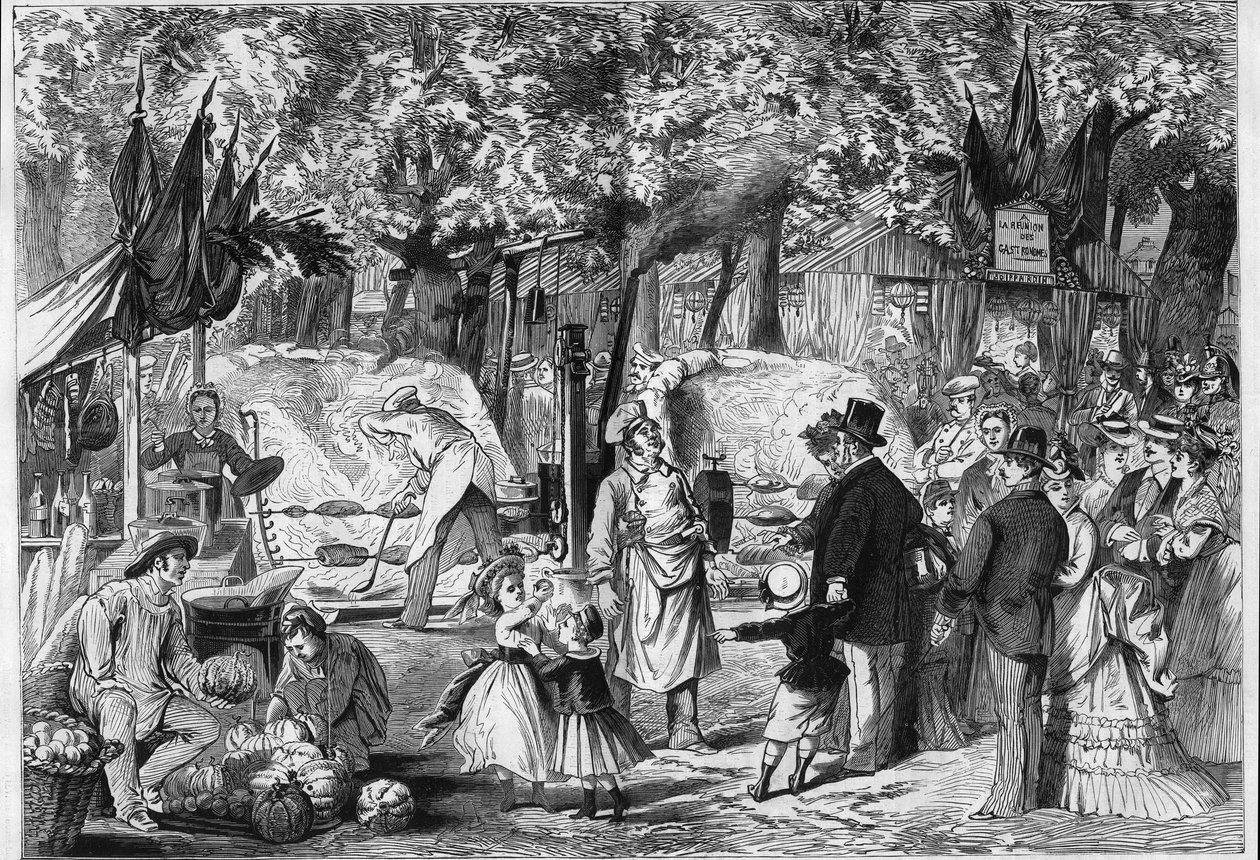 Fiesta de las Logias: Una rotisería instalada en el bosque de Saint Germain (Saint-Germain) cerca de París de Unknown artist