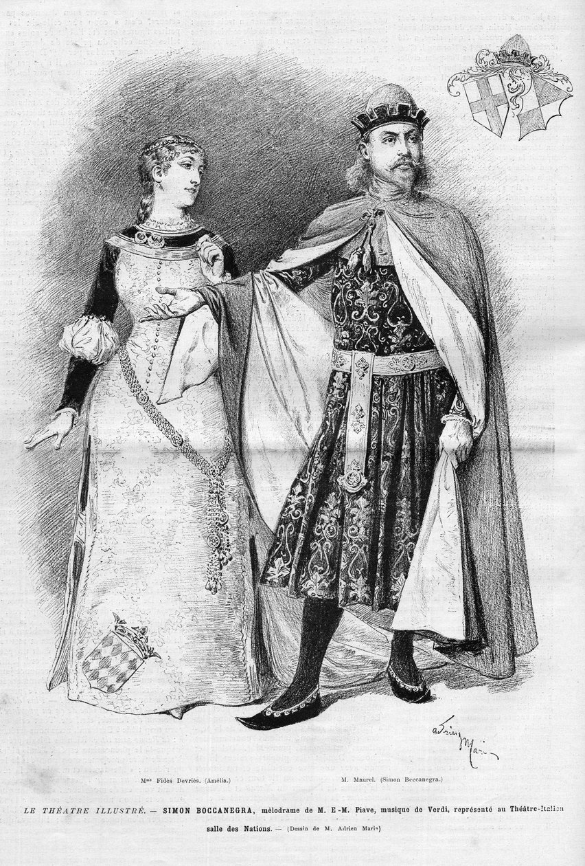 Fides Devries en el papel de Amelia y Victor Maurel (1848-1923) en el de Simon Boccanegra en la ópera homónima en tres actos de Giuseppe Verdi, con libreto de Francesco Maria Piave después de una obra de Antonio García Gutiérrez de Unknown artist