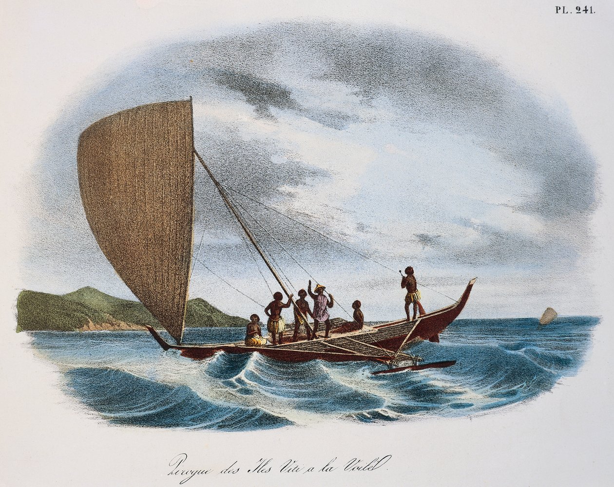 Canoa de vela de Fiji, grabado en color de Unknown artist