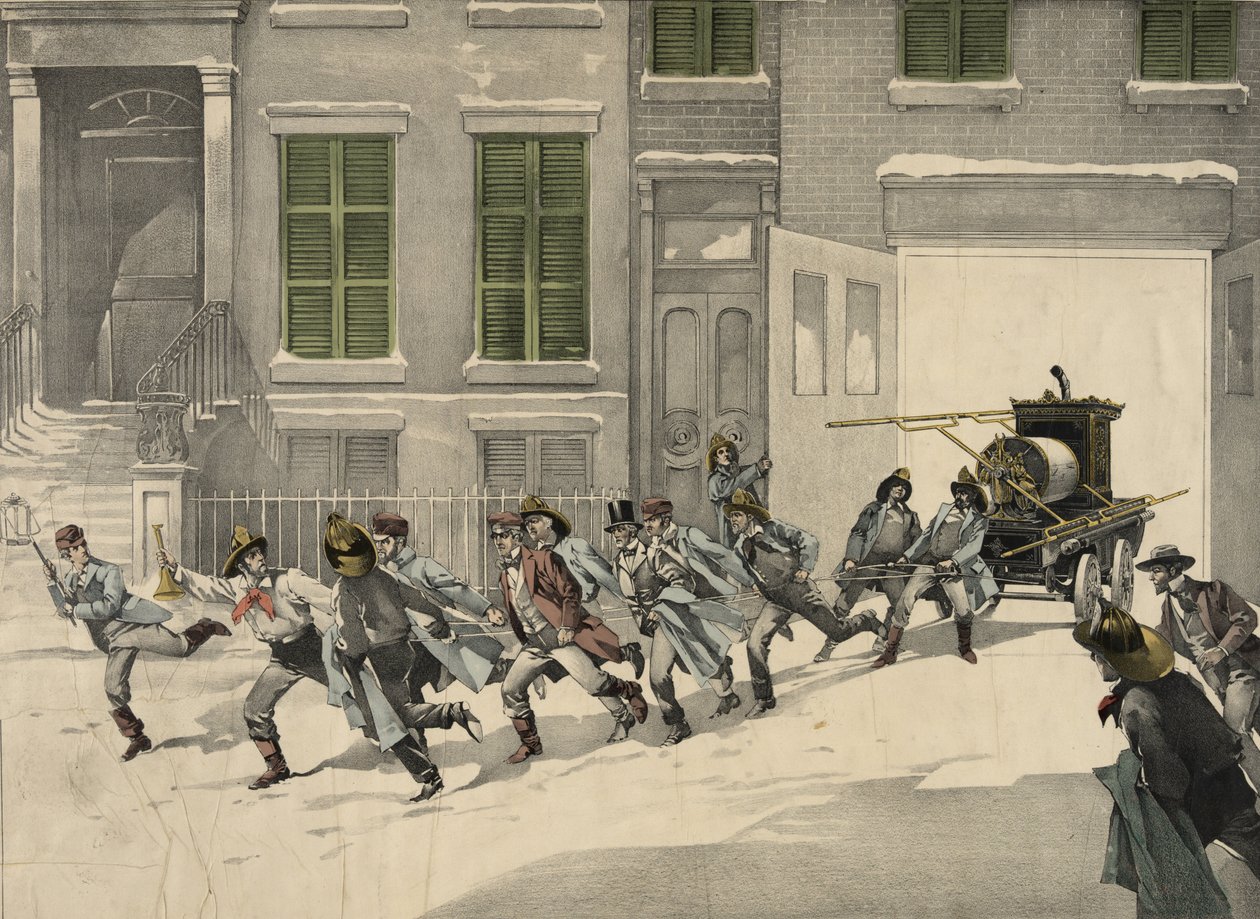 Bomberos saliendo a llamadas de emergencia en el sitio del incendio, acuarela de 1895. EE.UU. de Unknown artist