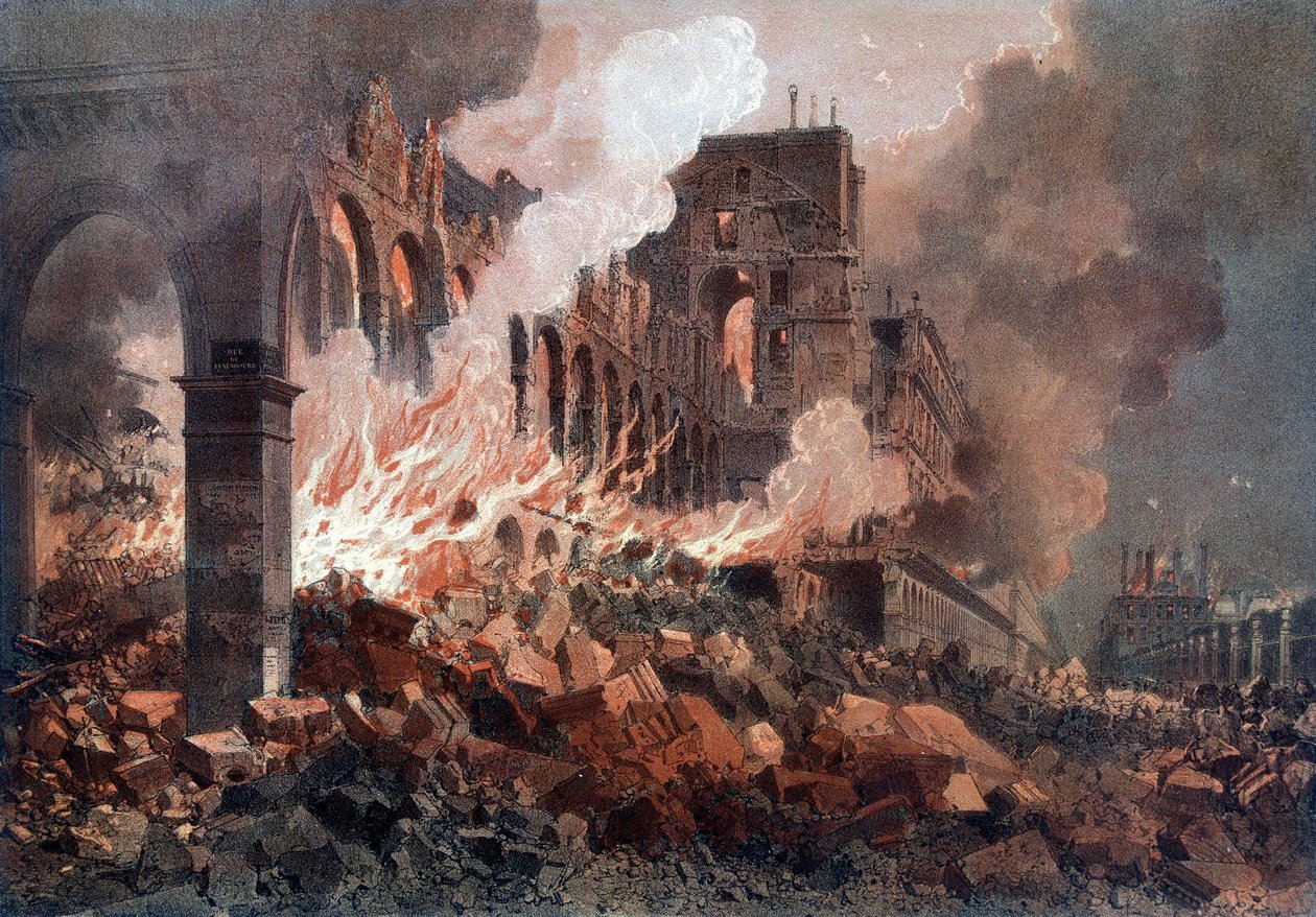 Incendio del Ministerio de Finanzas (en ese momento en las Tullerías) el 24 de mayo de 1871 - litografía, finales del siglo XIX de Unknown artist