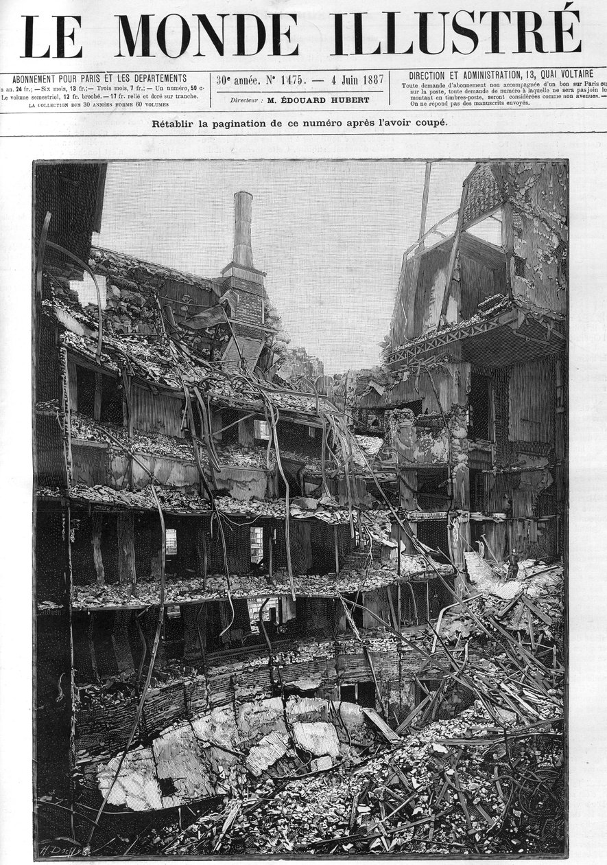 Incendio de la Ópera Cómica (Opéra-Comique) en París el 25 de mayo de 1887 durante la representación del primer acto de 