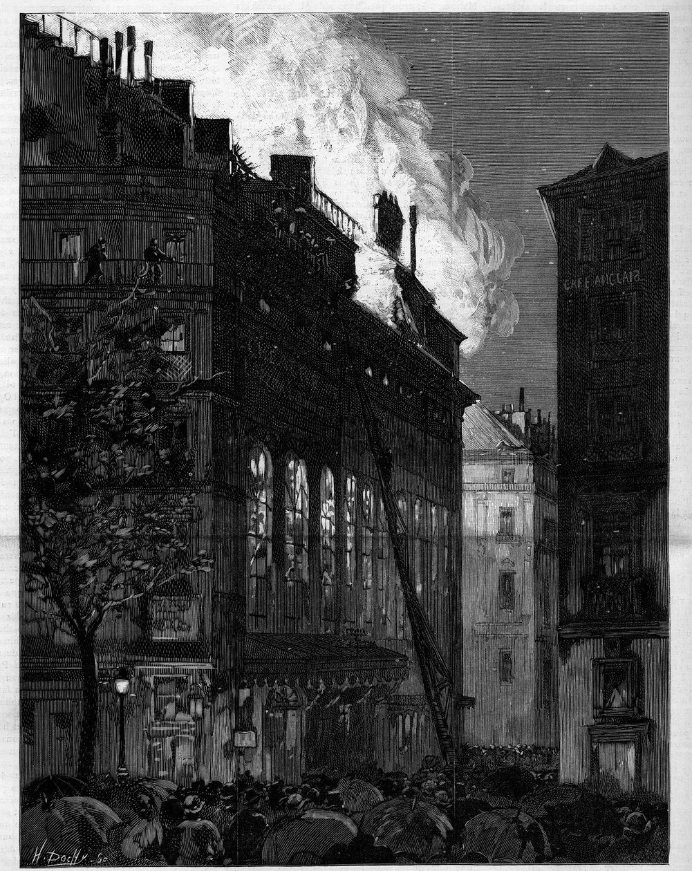 Incendio de la Ópera Cómica (Opéra-Comique) en París visto desde la Rue Marivaux y el Boulevard des Italiens el 26 de mayo de 1887. Grabado en “Le Monde Illustré” de Unknown artist
