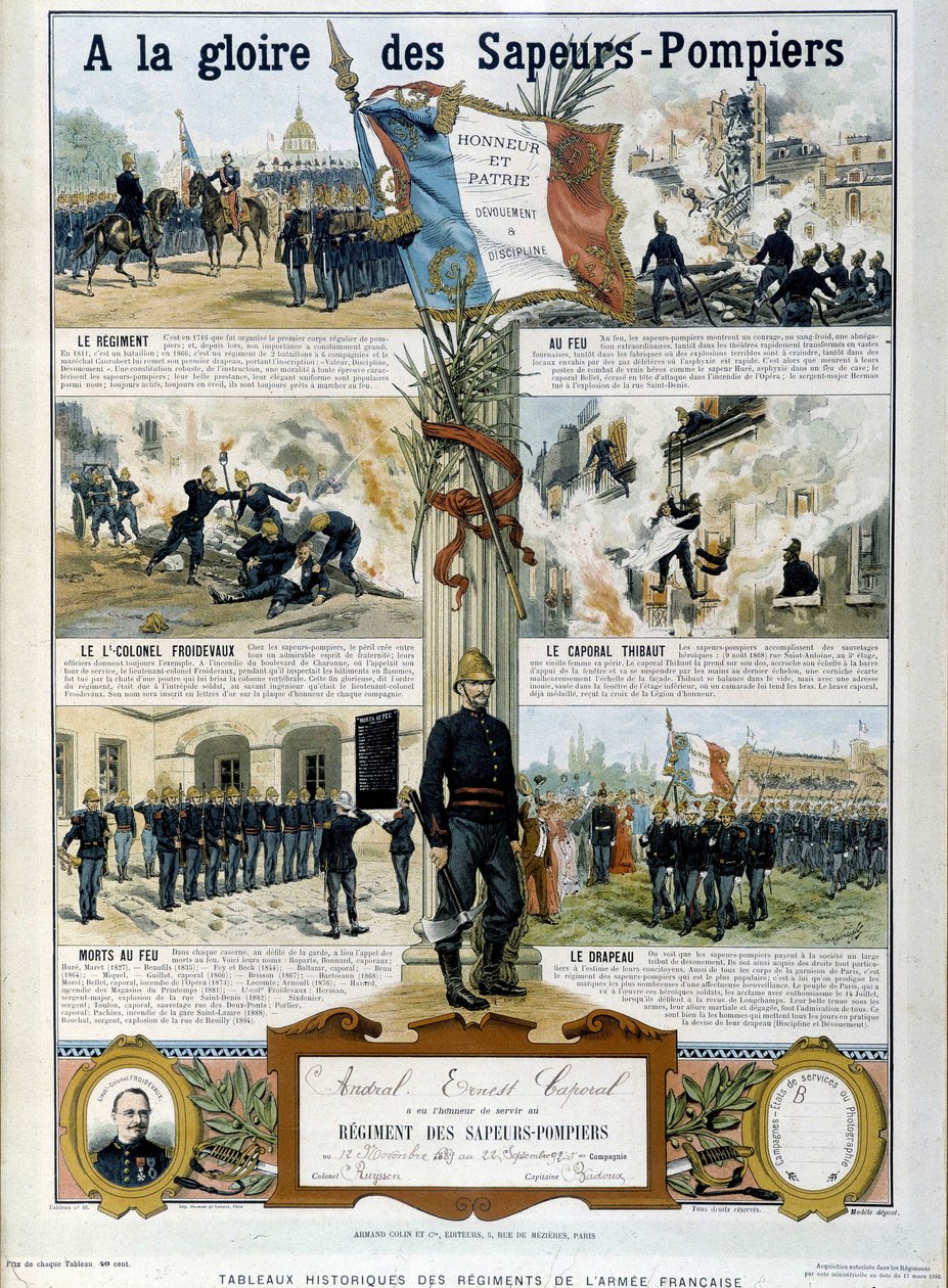 Bomberos: A la gloria de los Sapeurs - en "Pinturas históricas de los regimientos del ejército francés" circa 1890 de Unknown artist