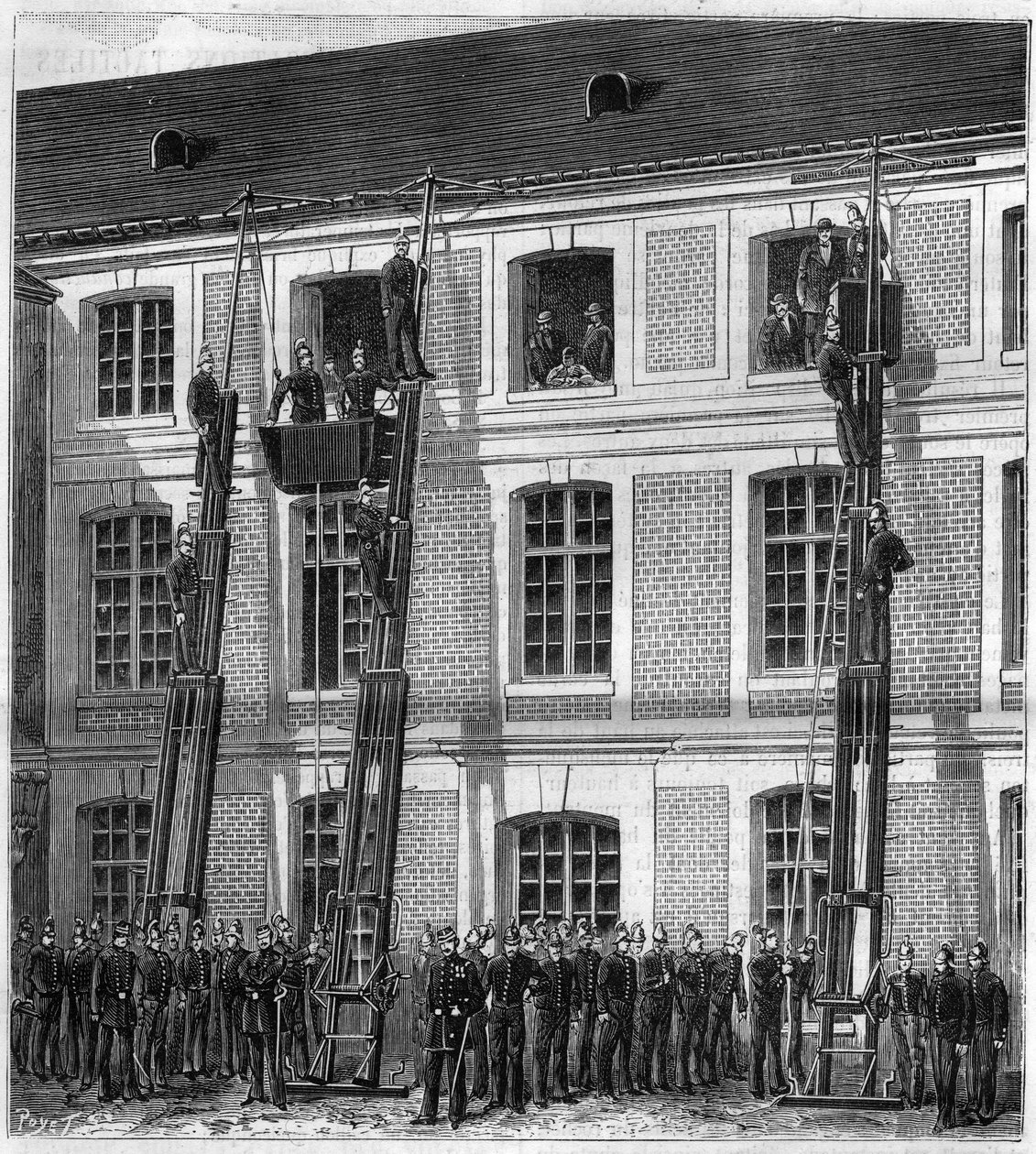 Bomberos a bordo del nuevo elevador de rescate para incendios en experimentos en Rouen en la antigua Escuela Normal. Grabado en “La Nature” de Unknown artist