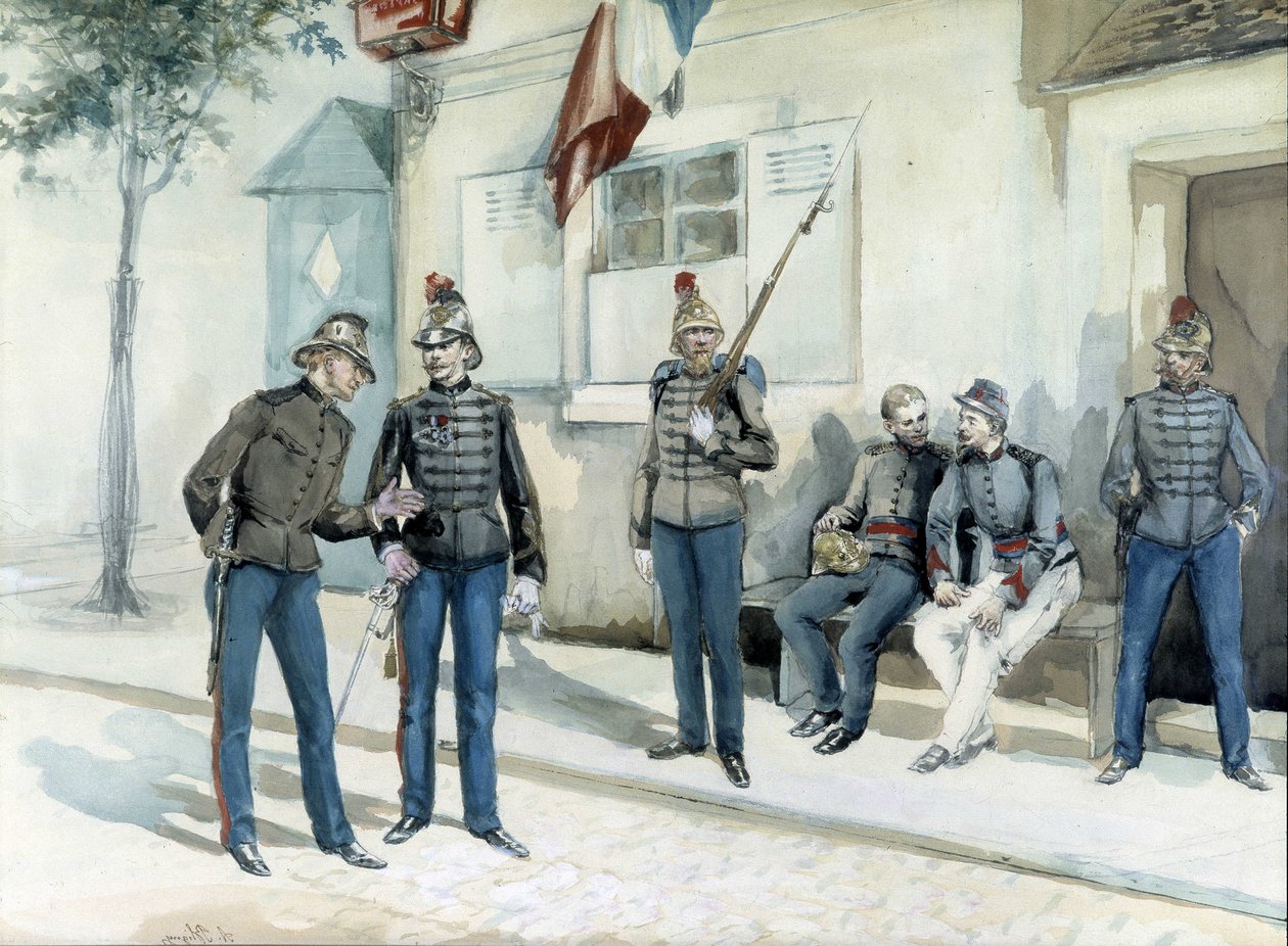 Bomberos frente a su cuartel en 1870 de Unknown artist