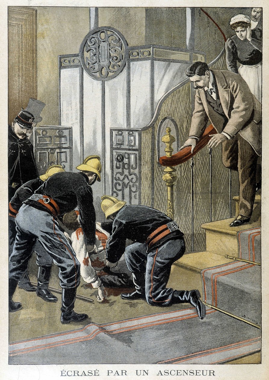 Bomberos rescatando a un hombre aplastado por un ascensor en un edificio parisino. Ilustración del "Pequeño Diario" de 1899 de Unknown artist