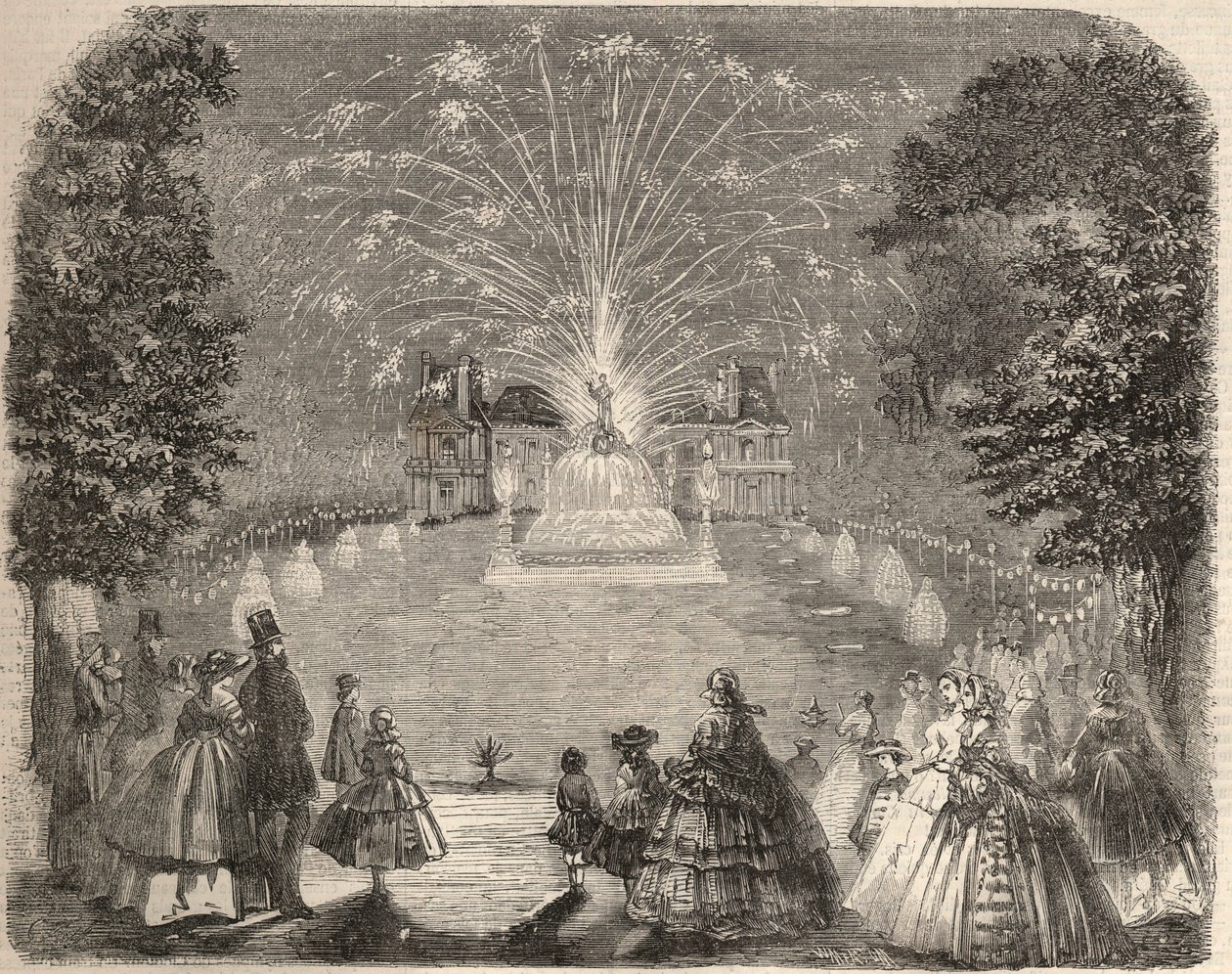 Fuegos artificiales e iluminación del castillo de Maison Laffitte en la noche del concurso del comité agrícola. Grabado en “Le Monde illustré” de 1857. Colección privada. de Unknown artist