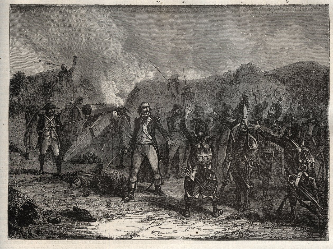 Primera coalición: Coronel Antoine Guillaume Rampon (1759-1842) en la Batalla de Montenotte el 12 de abril de 1796, durante la campaña italiana que enfrentó a las tropas francesas de Napoleón Bonaparte contra los ejércitos austriaco y sardo - Tropas france de Unknown artist