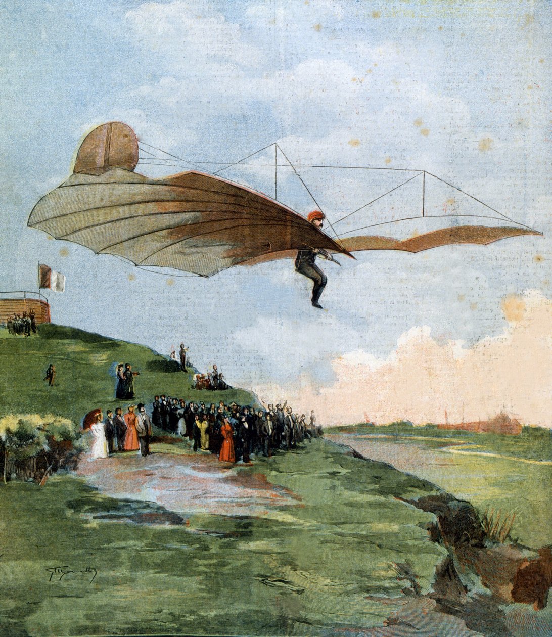 Primer ensayo de planeo de Otto Lilienthal (1848-1896), ingeniero alemán, en su aeronave en 1894 de Unknown artist
