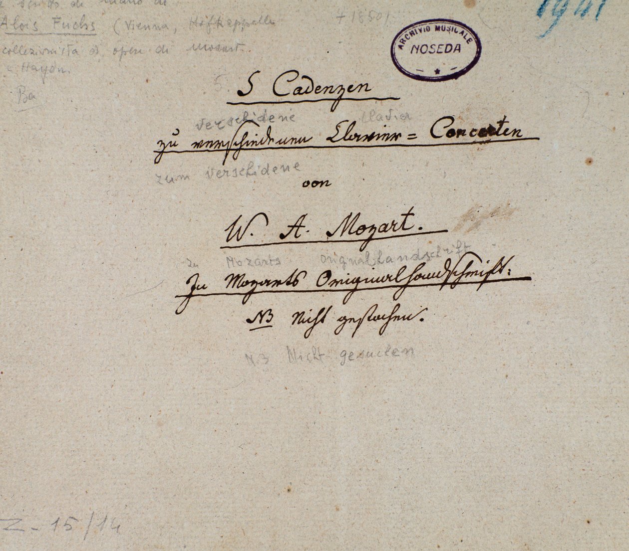 Primera página de un manuscrito de 5 cadencias para piano de Mozart (manuscrito) de Unknown artist