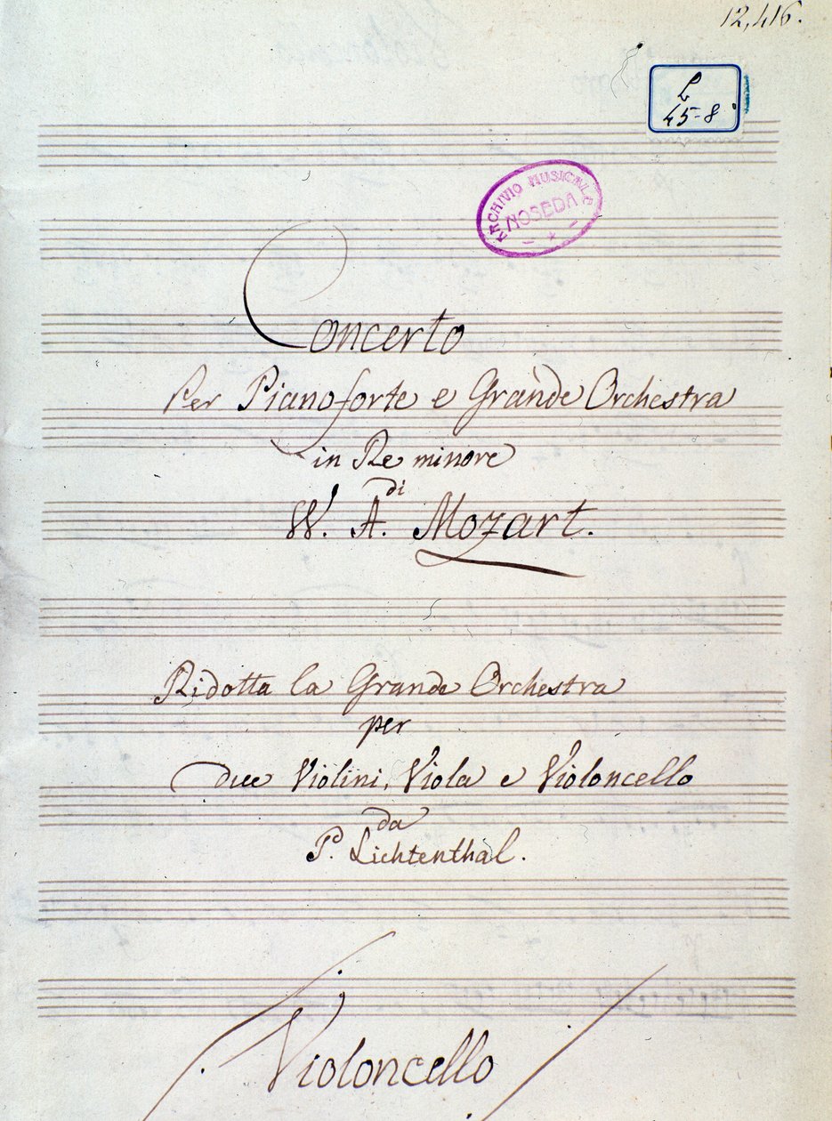 Primera página de la partitura del Concierto para piano y gran orquesta en re menor de Mozart, versión Lichtenthal (siglo XIX) de Unknown artist