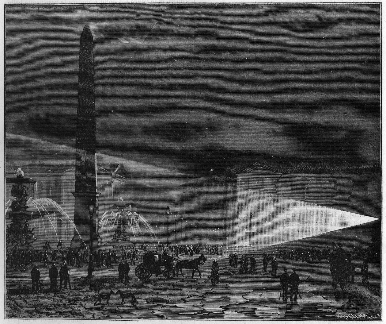 Primera experiencia pública de iluminación eléctrica realizada en París en la Place de la Concorde por Deleuil y Léon Foucault en diciembre de 1844. en “La Nature. Revue des sciences et de leurs applications aux arts et à l