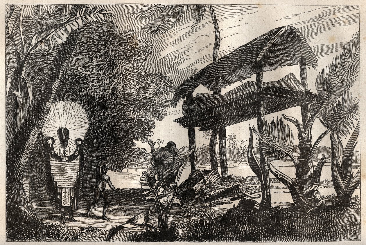 Primer viaje (1768-1771) del Capitán James Cook (1728-1779): un fia-toka (fia toka), edificio funerario de Tahití - ilustración tomada de “Los Grandes Marineros del siglo XVIII” de Unknown artist