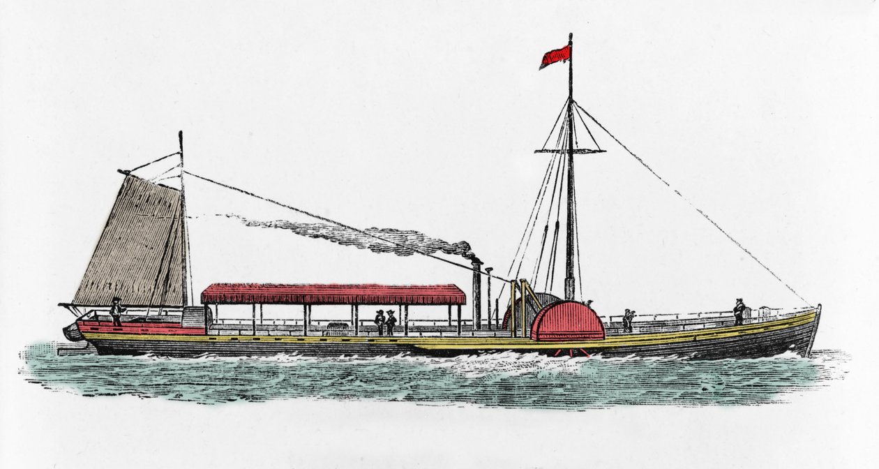 Primer viaje del barco de vapor “Clermont” por Robert Fulton (1765-1815), ingeniero estadounidense en el río Hudson, EE.UU. de Unknown artist