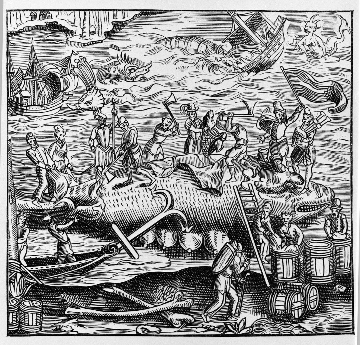 Pesca y caza de ballenas, basado en un grabado en madera de la “Cosmografía Universal” de Thevet. París 1575 de Unknown artist