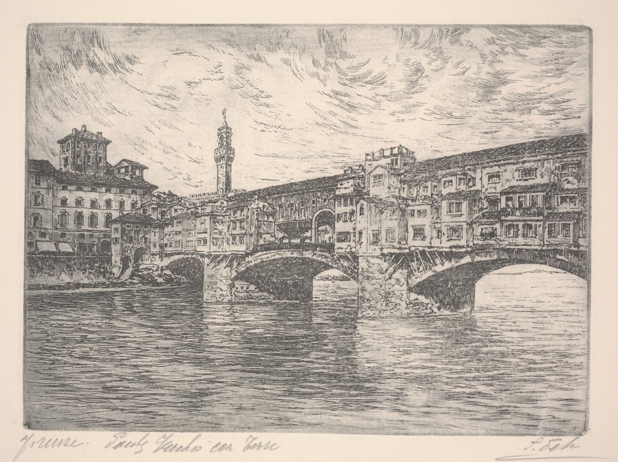 Florencia, Ponte Vecchio con torre de Unknown artist