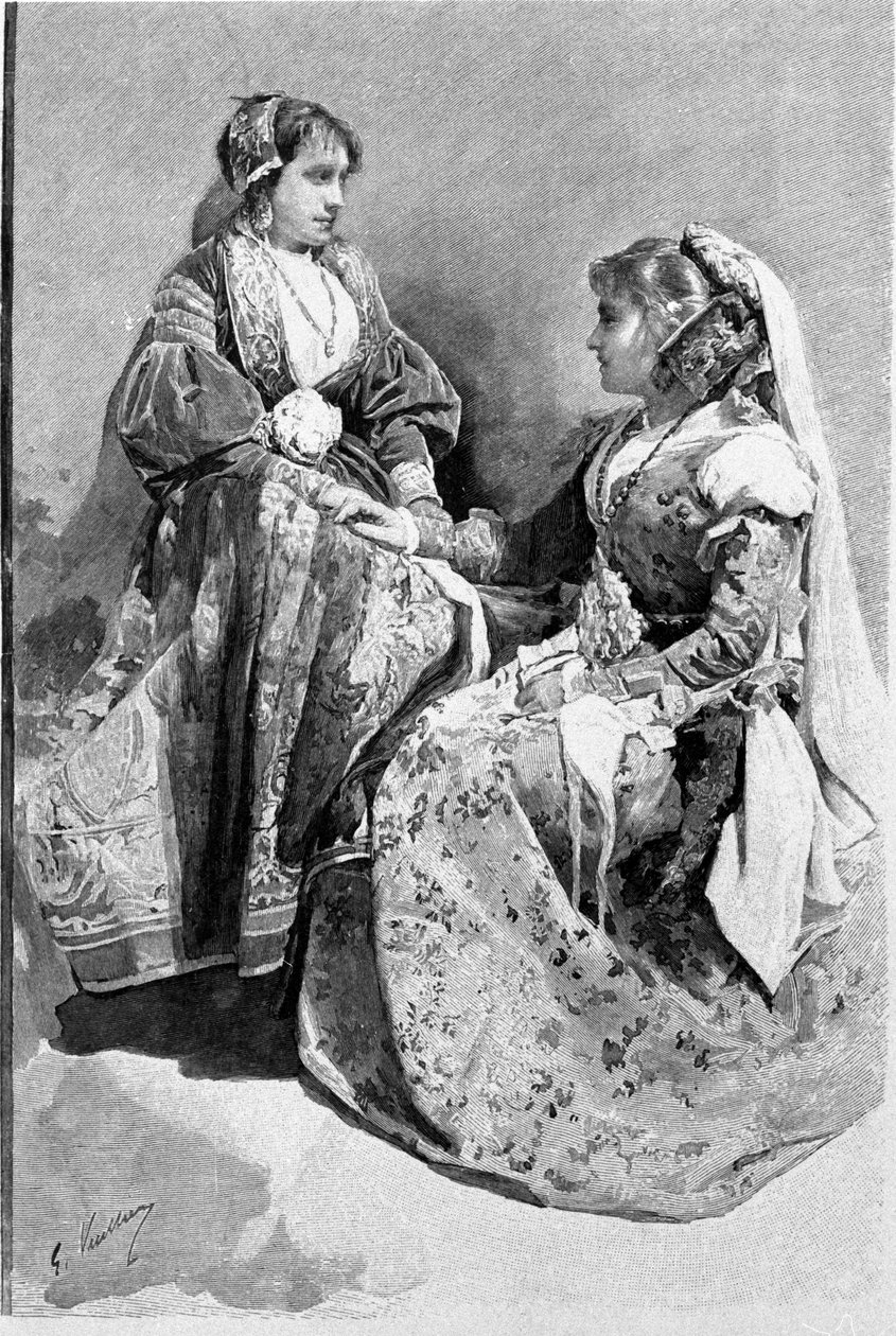 Folclore: mujeres vestidas con trajes tradicionales de boda, Sicilia. Grabado del siglo XIX de Unknown artist