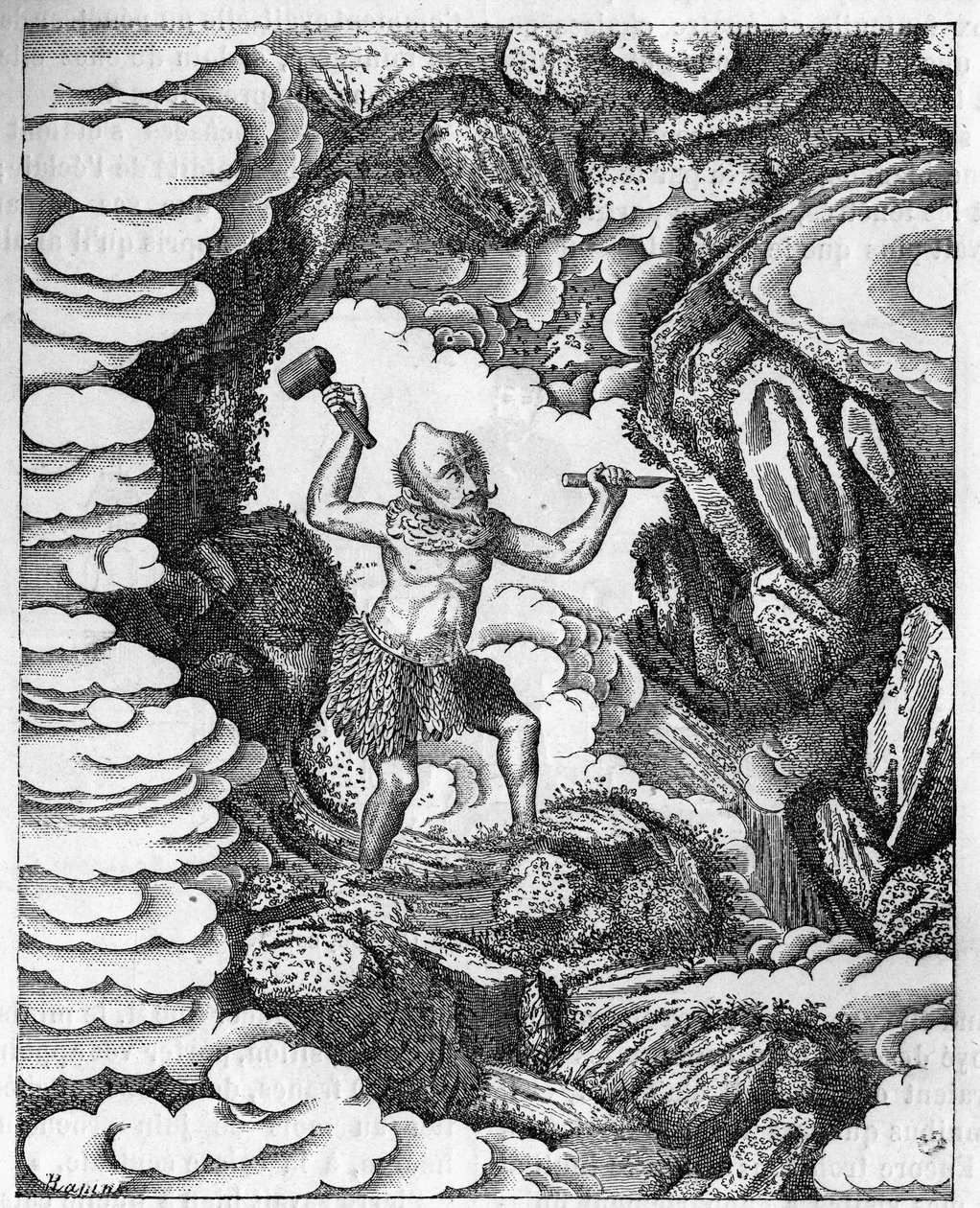 Formación de los mundos: el dios chino Pan-Kou-Che tallando la corteza de la tierra. Grabado en "El diario de la juventud" de Unknown artist