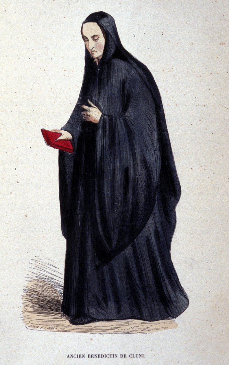 Antiguo benedictino de Cluny. Grabado de un álbum sobre órdenes religiosas, París de Unknown artist