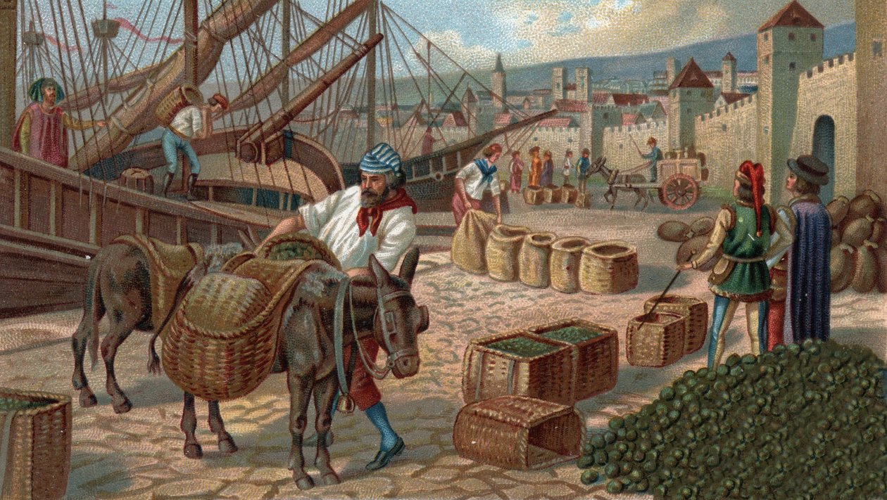 Antiguos centros comerciales: transporte de higos a Marsella en la Edad Media. Cromolitografía de finales del siglo XIX de Unknown artist
