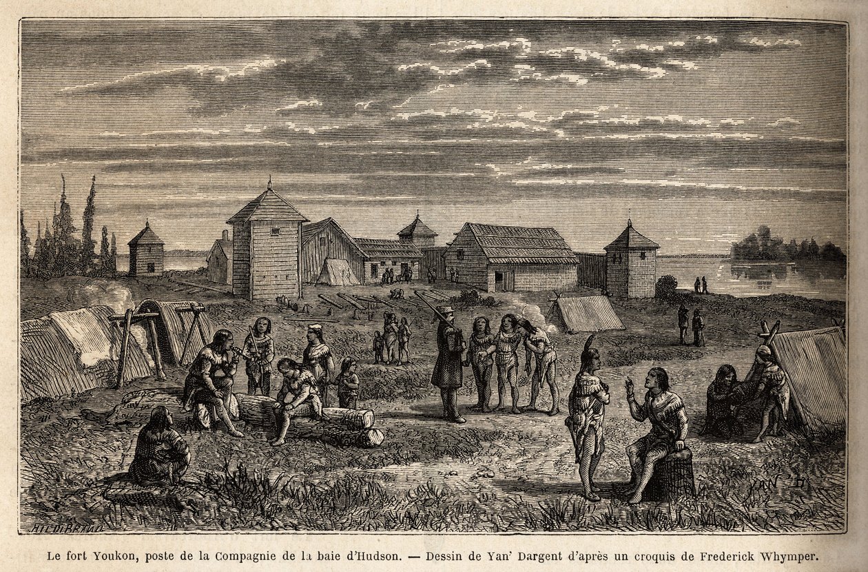 Fuerte Youkon, en el Golfo de Norton, Alaska, fundado en 1847, un establecimiento de la Compañía de la Bahía de Hudson, indios acampados alrededor de las empalizadas. Grabado para ilustrar el viaje y aventuras en la Colombia Inglesa, la Isla de Vancouver y de Unknown artist