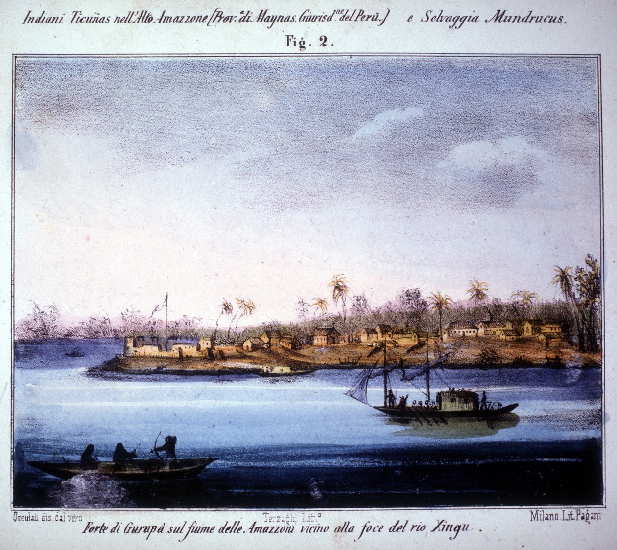 Fortaleza de Gurupá en el río Amazonas, cerca de la desembocadura del río Xingu en Ecuador. Grabado de 1846 - 1848. de Unknown artist